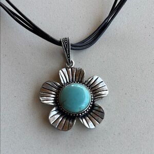 Silver Flower Pendant Necklace with Turquoise Center